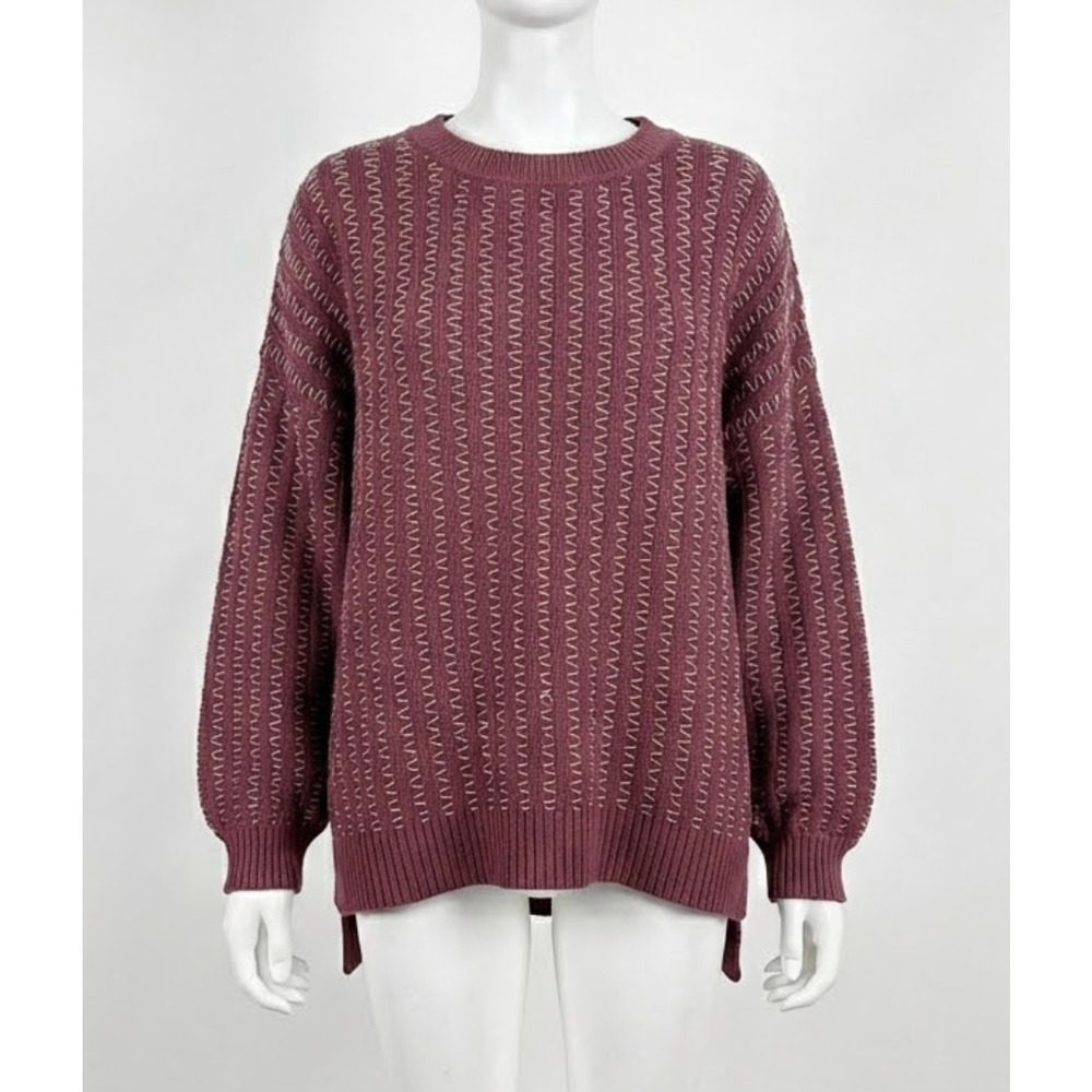 BKE Sweater Women M Mauve Beige Contrast Stitch Open Weave Crew Neck 100% Cotton
